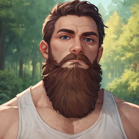 score_9, score_8_up, score_7_up, 1boy, rugged look, beard, facial hair, mustache, looking at viewer, tank top, upper body, focused gaze,
portrait,
outdoors, forest, detailed environment