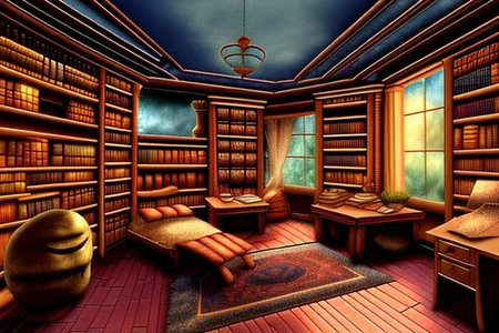 a fantasy bedroom that is also the owner's personal library with books everywhere
FanStu