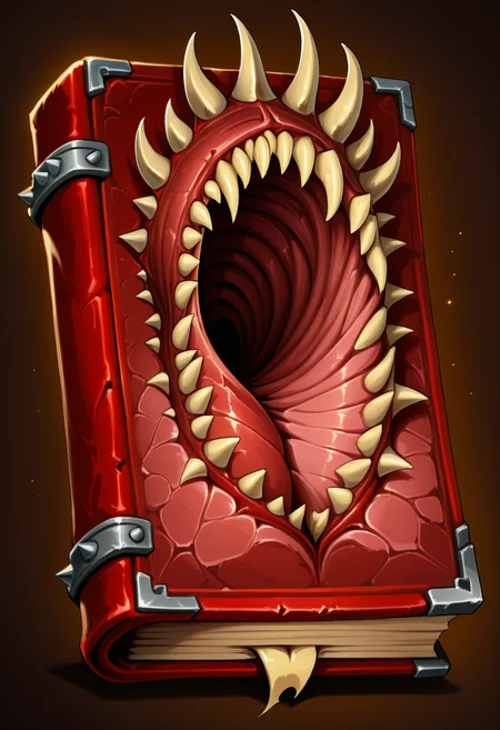 masterpiece, best quality, no humans, CitronsGrimoires, simple background, spikes, brown background, teeth, flesh, evil, red book, ,<lora:CitronsGrimoiresIXL:1.0>,