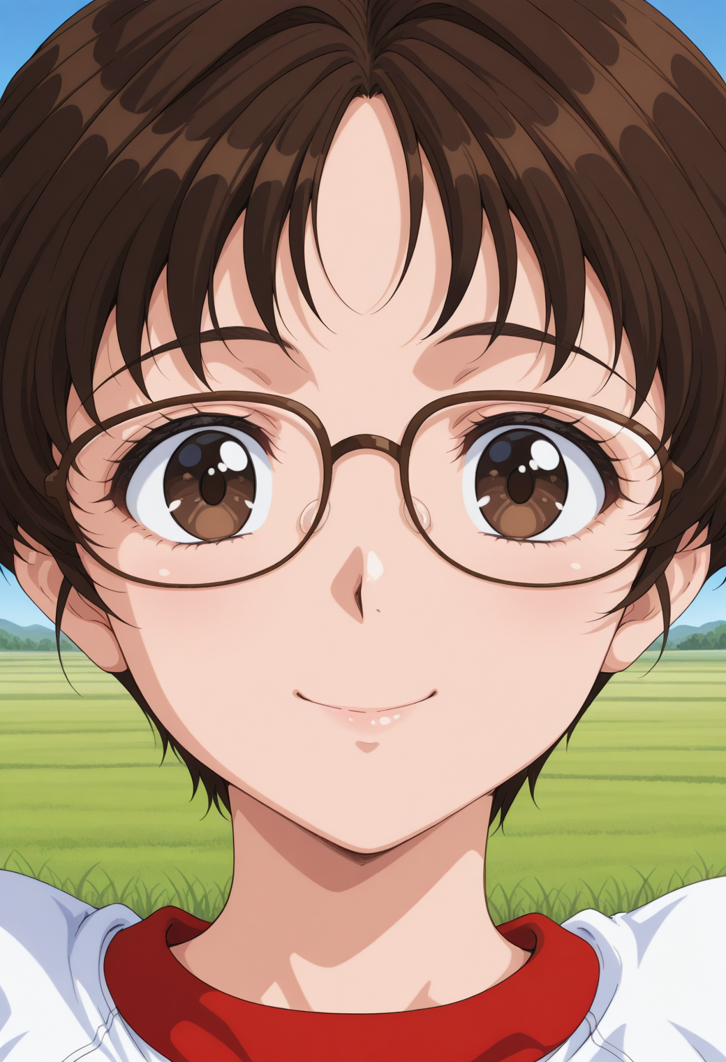 fr_fuzisaki_mika, brown eyes, brown hair, short hair, glasses, gym uniform, red buruma, <lora:fr_fuzisaki_mika_illustrious_ver2:0.8> 
smile,, masterpiece, best quality, sensitive,, 1girl, solo, blue sky, (grasslands:1.2), looking at viewer,, (upper body:1.2), (close-up:1.2), (facing viewer:1.2), (open eyes:1.4), (portrait:1.2)