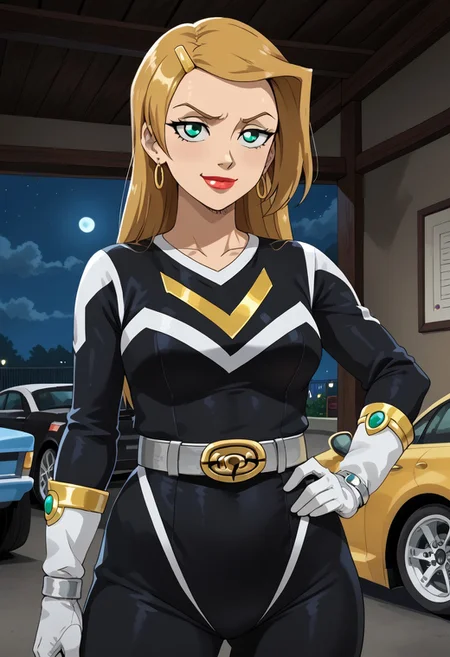 score_9, score_8_up, score_7_up, BREAK,
1girl, solo, Sarah, green eyes, blonde hair, long hair, hairclip, earrings, lipstick, muscular, medium breasts, narrow waist, wide hips, sentaisaintforce, black bodysuit, silver belt, white gloves, spandex, m-shaped chest symbol, helmet removed, no headwear,BREAK,
cowboy shot, smug, half-closed eyes, standing, hand on hip, indoors, garage, night,