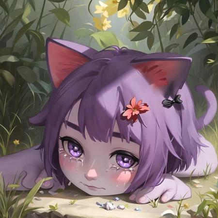 realistic photo of a masunya, cat ears, (purple skin color:1.2), alkemanubis, (crying:1.1), by Jeremy Lipking, by William Bouguereau, (by Alphonse Mucha:0.5), sabudenego, jeremy lipking, masterpiece,