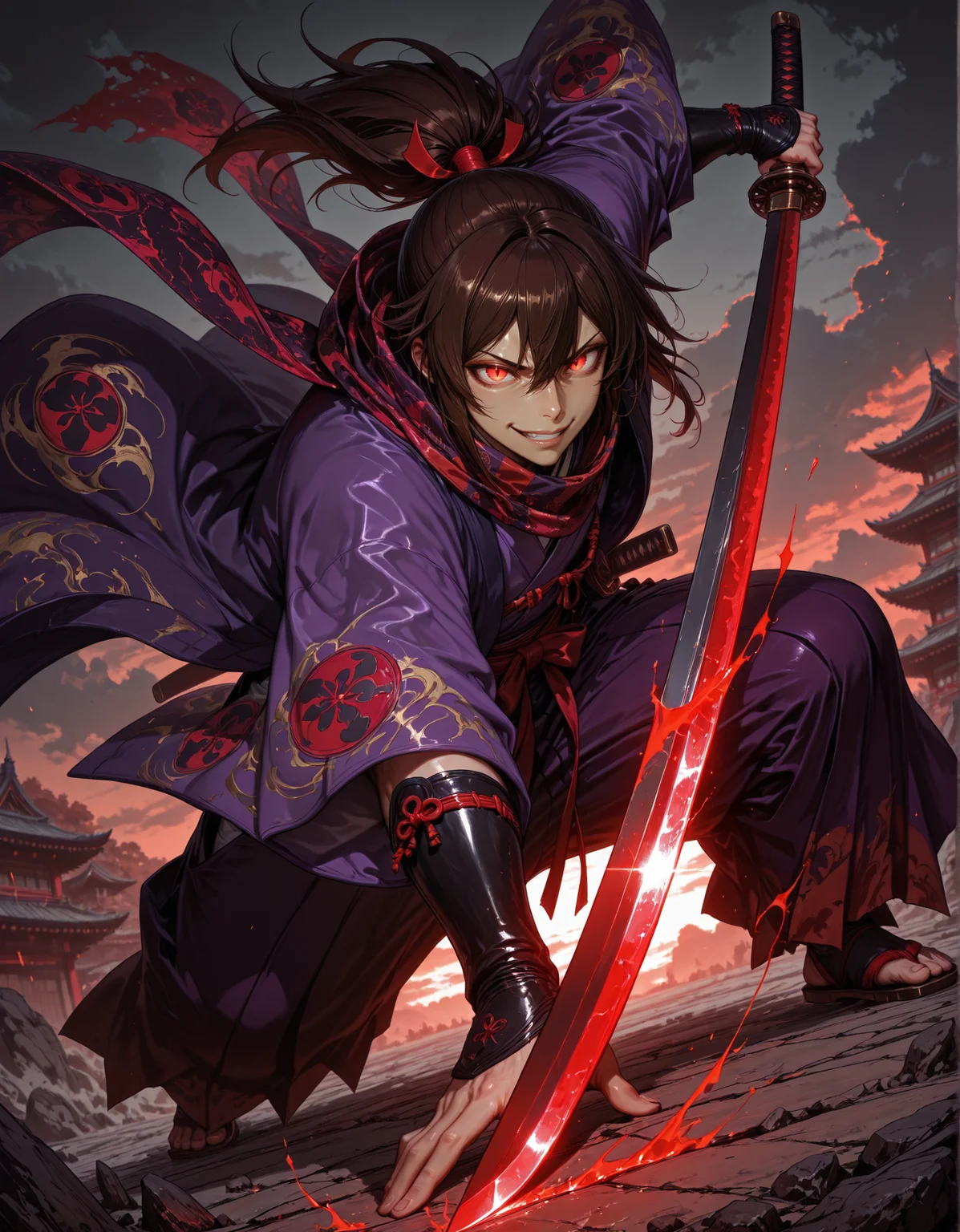 masterpiece, best quality,high quality, newest, highres,8K,HDR,absurdres, 1boy, androgynous, solo, ponytail, long dark brown hair, glowing red eyes, slit pupils, evil smile expression, black and red checker patterned scarf, purple kimono, haori, hakama pants, katana, samurai fantasy battlefield, stormy sky, dynamic pose, intense lighting, detailed background, depth of field, dynamic composition, foreshortening, detailed background, dynamic pose, dynamic composition,dutch angle, detailed backgroud,foreshortening,blurry edges <lora:iLLMythG0thicL1nes:1> G0thicL1nes