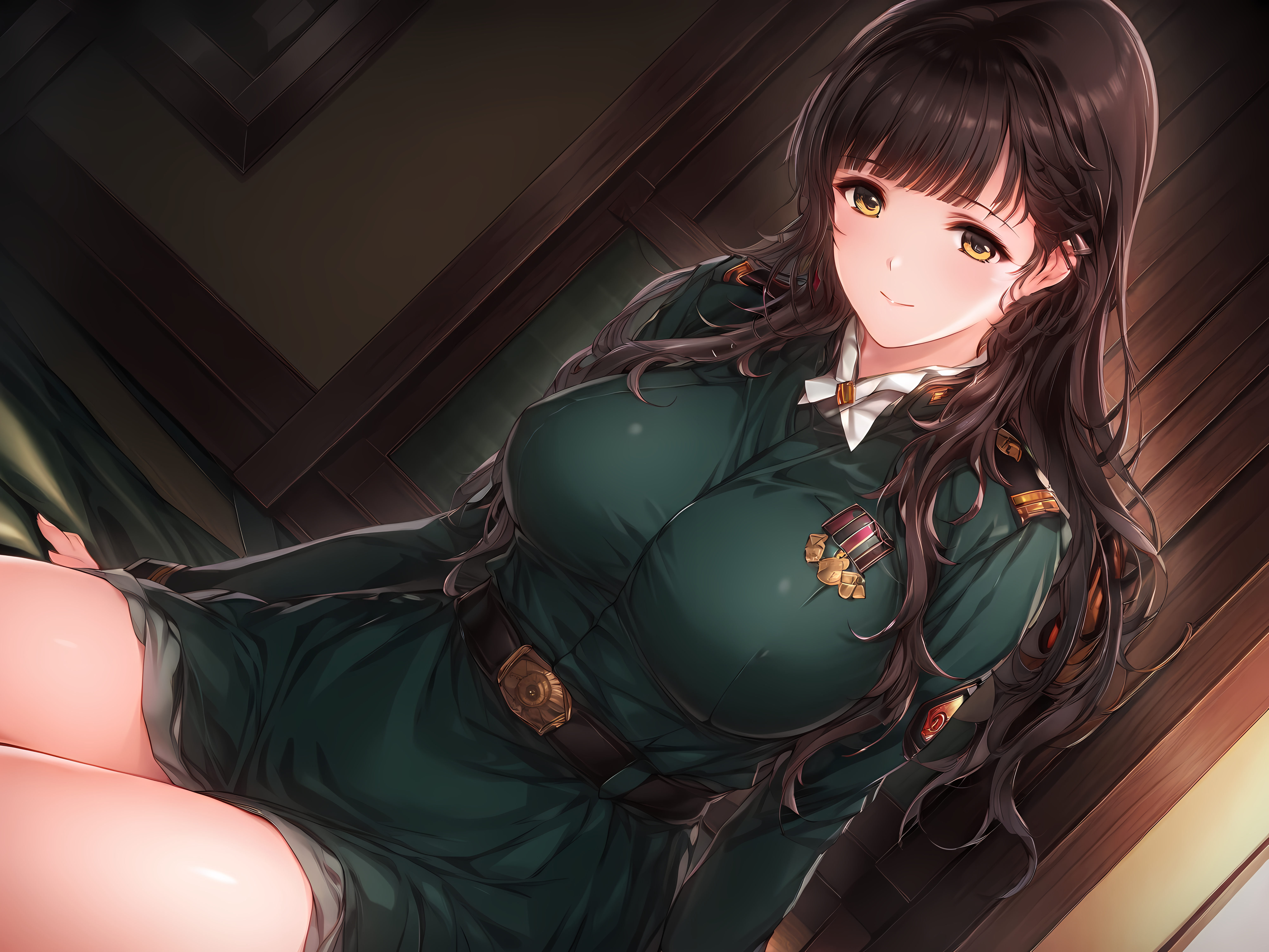 <lora:HaHa_Ranman_Illustrious:1>,mayuko,alicesoft,sakm outfit,military uniform,yellow eyes,cowboy shot,sitting,indoors,smile,1girl,solo,green dress,, masterpiece,best quality,amazing quality,