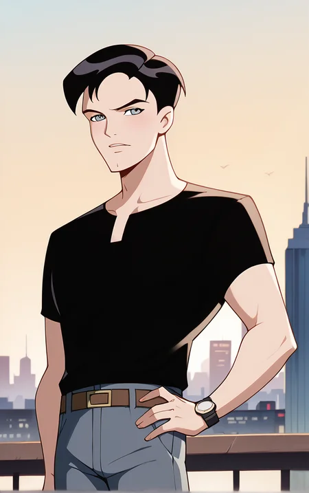 score_9, score_8_up, score_7_up, BREAK
BlackShirt_TerryMcGinnis_ownwaifu,
1boy, black hair, grey eyes, short hair, bangs,
black shirt, short sleeves, t-shirt, belt, brown belt, wristwatch, watch, grey pants, shirt tucked in, blue pants, belt buckle,
(contrapposto, hand on hip), sunset, sidelighting, cityscape, vanishing point, outdoors, depth of field, solo,
<lora:PONYXL_DC_BatManBeyond_TerryMcGinnis_ownwaifu_r1:0.8> , depth of field,
,