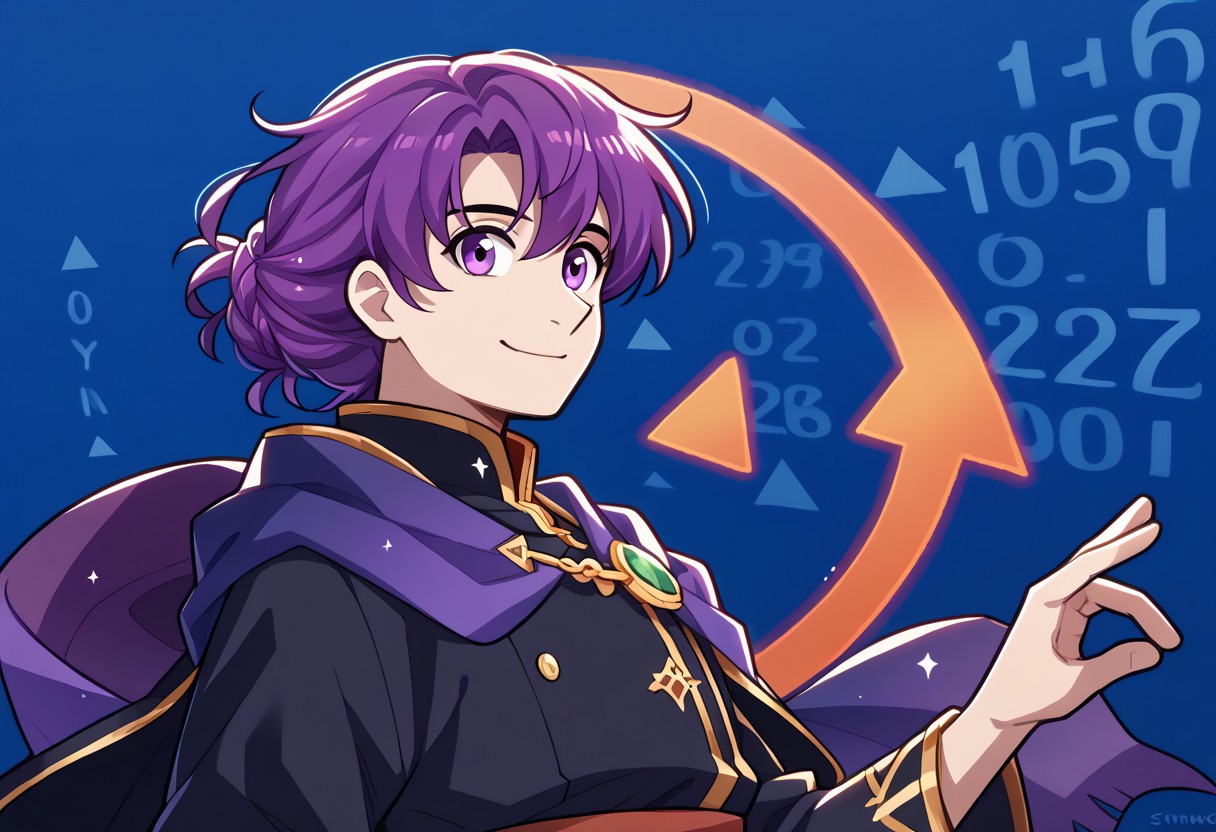 score_9, score_8_up, score_7_up, stonks, arrow (symbol), formal, smile, upper body, blue background, <lora:StonksMeme_pdxl_Incrs_v1:1.2>,    mlcns, 1boy, black robe, purple cape, purple eyes, purple hair, monocle, red sash, gold trim, closed smile, looking at viewer, <lora:Canas-pdxl:1>, magic, bangs, <lora:monocle_pony_final:1>