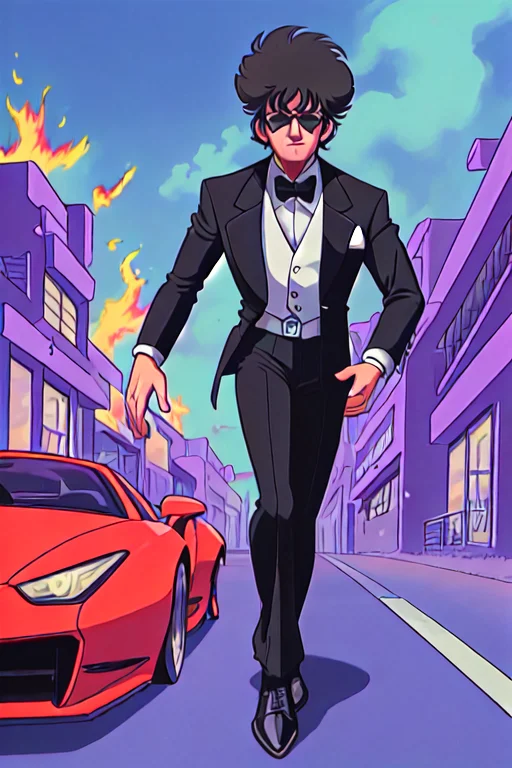1man, 80's anime style, <lora:TFM_FTA:0.2>, as an man in a tuxedo, in a supercar, wearing shades, racing in a burning futuristic town