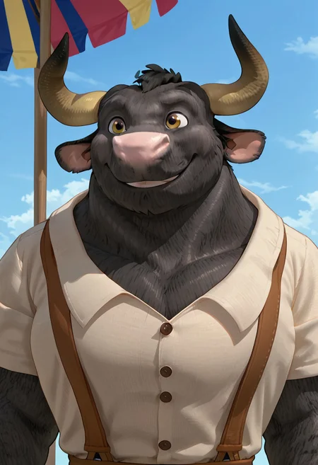 score_9, score_9_up,1boy, male, anthro, bull, big, black fur, horns, pink nose, white collared shirt, brown apron, green pants, black boots, portrait, close shot, face close up, smiling, blue sky, source_cartoon, Expressiveh