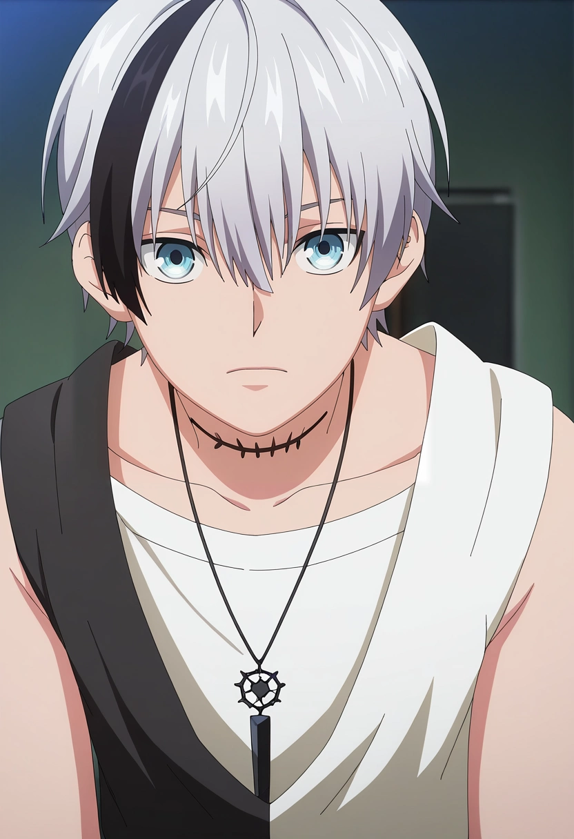 masterpiece, best quality, , anime screencap, anime coloring, , looking at viewer, 1boy, solo, male focus, <lora:polka_shinoyama_ilxl:1>, polka_shinoyama, grey hair, blue eyes, two-tone hair, multicolored hair, black hair, short hair, hair between eyes, streaked hair, bangs, scar, white shirt, sleeveless, necklace,