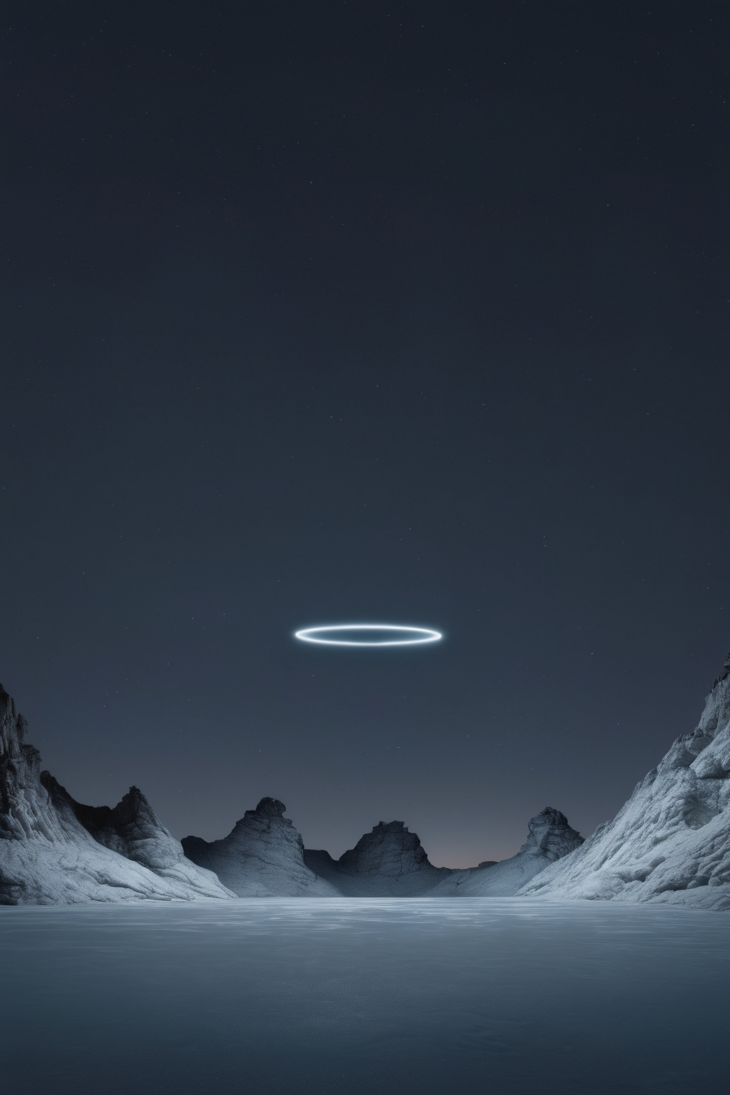 <lora:Photographer Reuben Wu Style:1>Photographer Reuben Wu Style - a circular light object is seen in the dark sky above a frozen mountain range