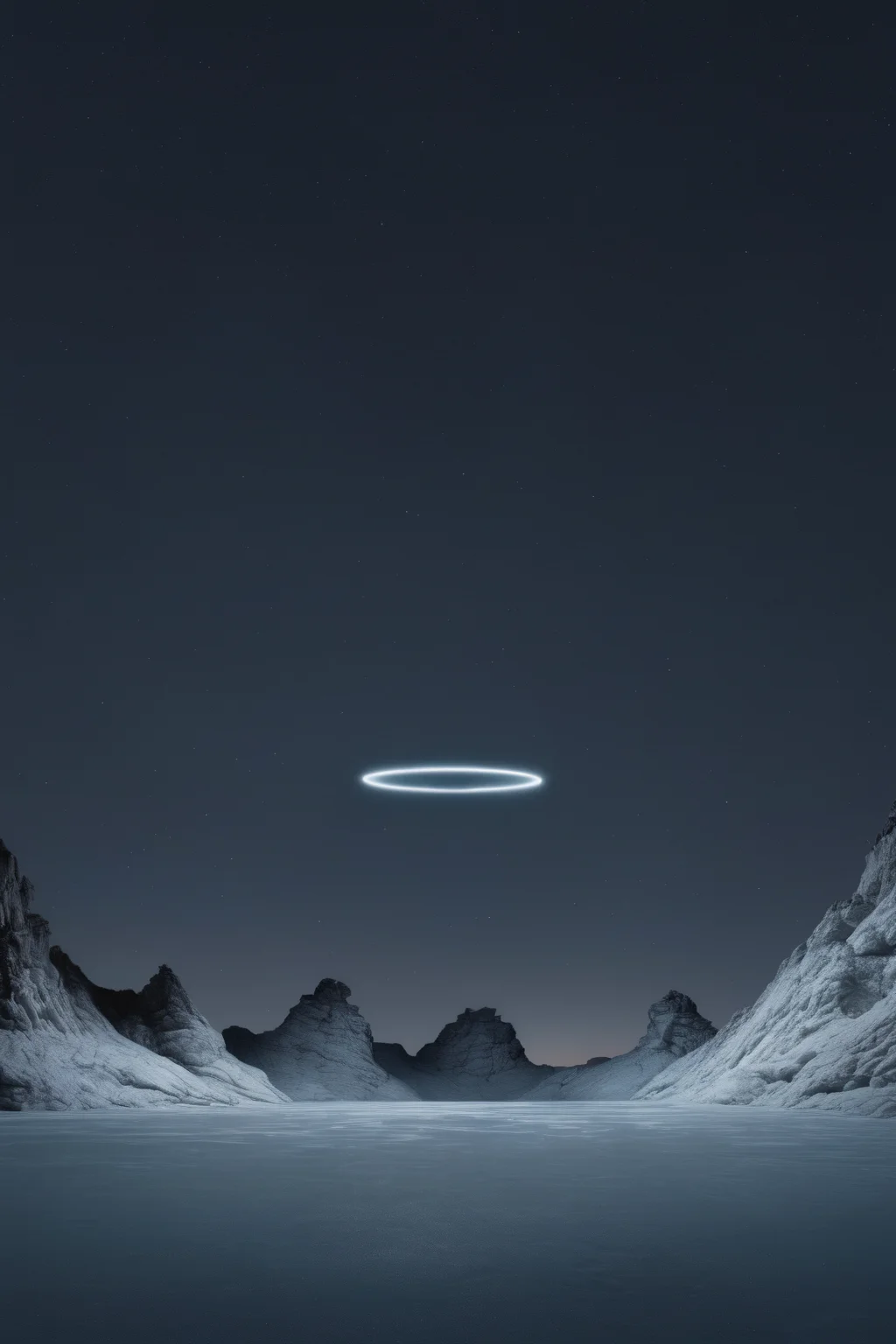 <lora:Photographer Reuben Wu Style:1>Photographer Reuben Wu Style - a circular light object is seen in the dark sky above a frozen mountain range
