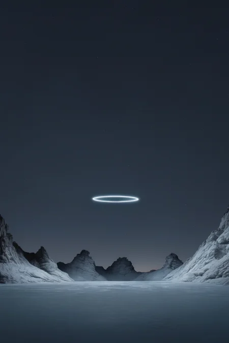 <lora:Photographer Reuben Wu Style:1>Photographer Reuben Wu Style - a circular light object is seen in the dark sky above a frozen mountain range