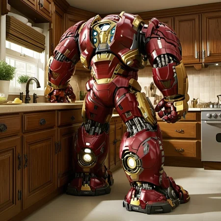 Hulkbuster1024, a robot, full body, cleaning dishes in a kitchen , highly detailed, photography, ultra sharp, film, professional, 64k <lora:add-detail-xl:1.5> <lora:Hulkbuster1024:0.8>