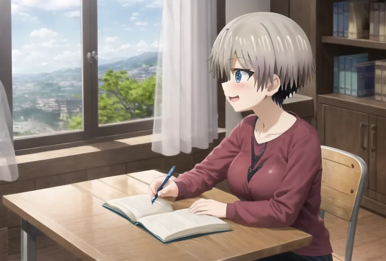 best quality , masterpiece, 1girl, solo ,hana_uzaki_10000 both hands on a table while one hand is holding a pen, looking out of the window to a beautiful landscape view , red shirt, books, wooden table , study room, framed pictures on the wall, day time, sunny, glass window with wooden frames, sitting on a modern chair, books on the table, pencils on the table , (((side view)))
