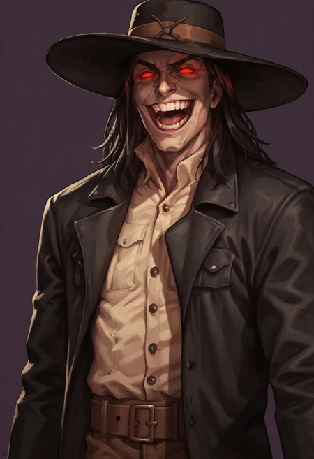 score_9, score_8_up, score_7_up, score_6_up, score_5_up, score_4_up, 1boy, <lora:Caleb:0.75> solo, hat, wide brimmed hat, red eyes, glowing eyes, trench coat, black coat, long hair, dark face, shadowed face, laugh, evil laugh, view from side,
purple background, simple background,