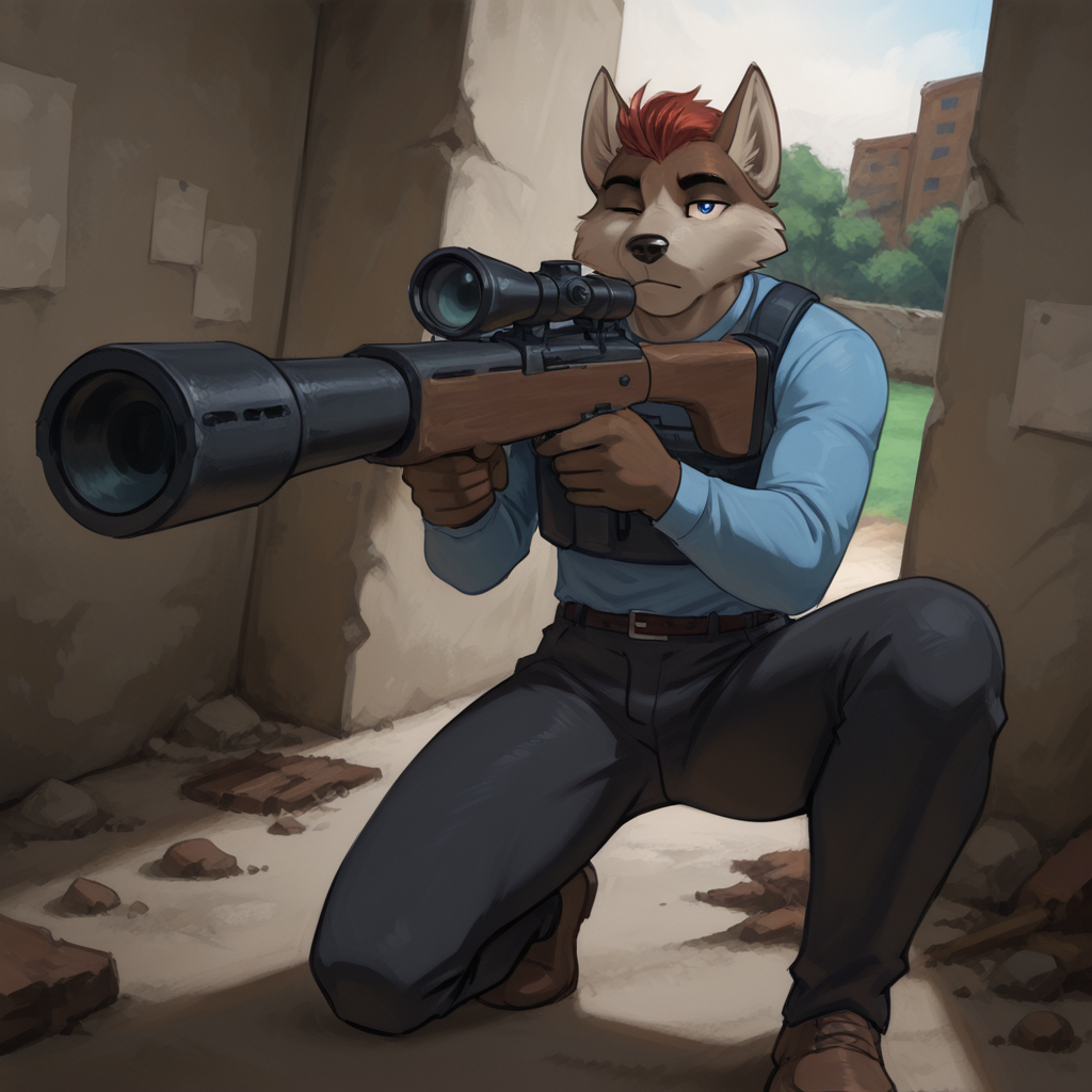 Furry, male, 1boy, solo, wolf, wolf boy, red hair, blue eyes, military armor, on one knee, sniper rifle, gun, (one eye closed), ruins, detailed background, aiming at viewer, (looking through scope), dynamic angle, dutch angle, (dynamic pose), straight-on, fisheye, detailed eyes, nice eyes, good lighting, masterpiece, best quality, amazing quality, very aesthetic, highres, absurdres, detailed background, davswolf, <lora:David_Mercy_v1_Illustrious-XL:1>, <lora:add-detail-xl:0.5>, <lora:Expressive_H:0.2>, <lora:spo_sdxl_10ep_4k-data_lora_webui:0.2>, <lora:sdxlVAE_sdxlVAE:0.1>, <lora:noobai_ep11_stabilizer_v0.138_fp16:0.3> , <lora:noobaiXLNAIXL_epsilonPred11Version-lora:0.1>, <lora:Dynamic Poses:0.5>