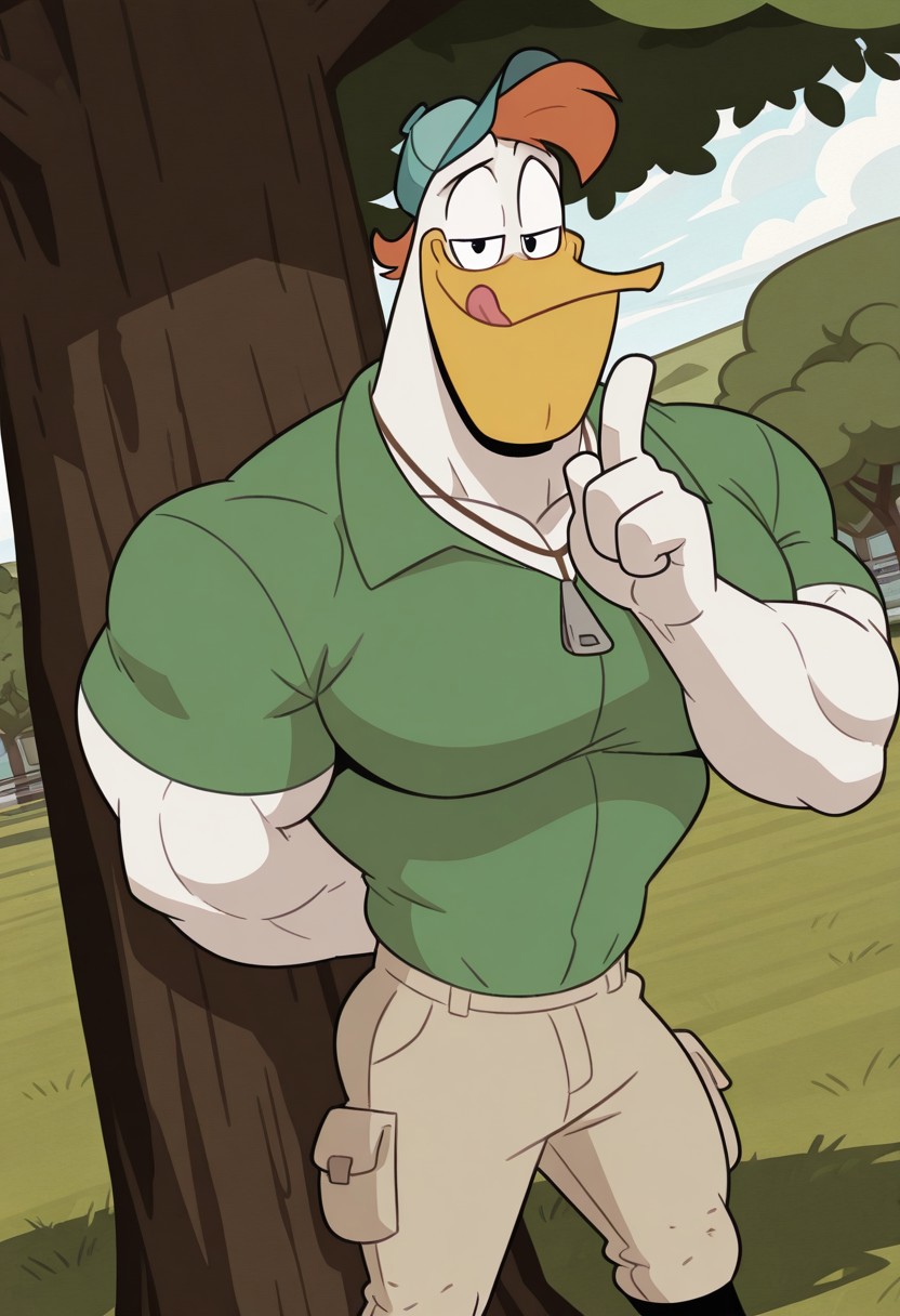 solo, 1 boy, male focus, bara, muscular, furry, male, Launchpad Mcquack. Duck, white feathers, yellow Beak, Orange hair, black eyes, duck feet, anthro, Teal cap, green floral shirt, necklace, beige pants, smug, evil smug, evil face, licking lips, shushing, perfect anatomy, masterpiece, perfect quality, best quality, detailed, newest, very aesthetic, muscular, detailed muscle, big pecs, Thick Pecs, juicy pecs, hyper Pecs, detailed muscle, leaning against tree, Closer against tree, outdoors, grassy, dutch angle, perfect anatomy,