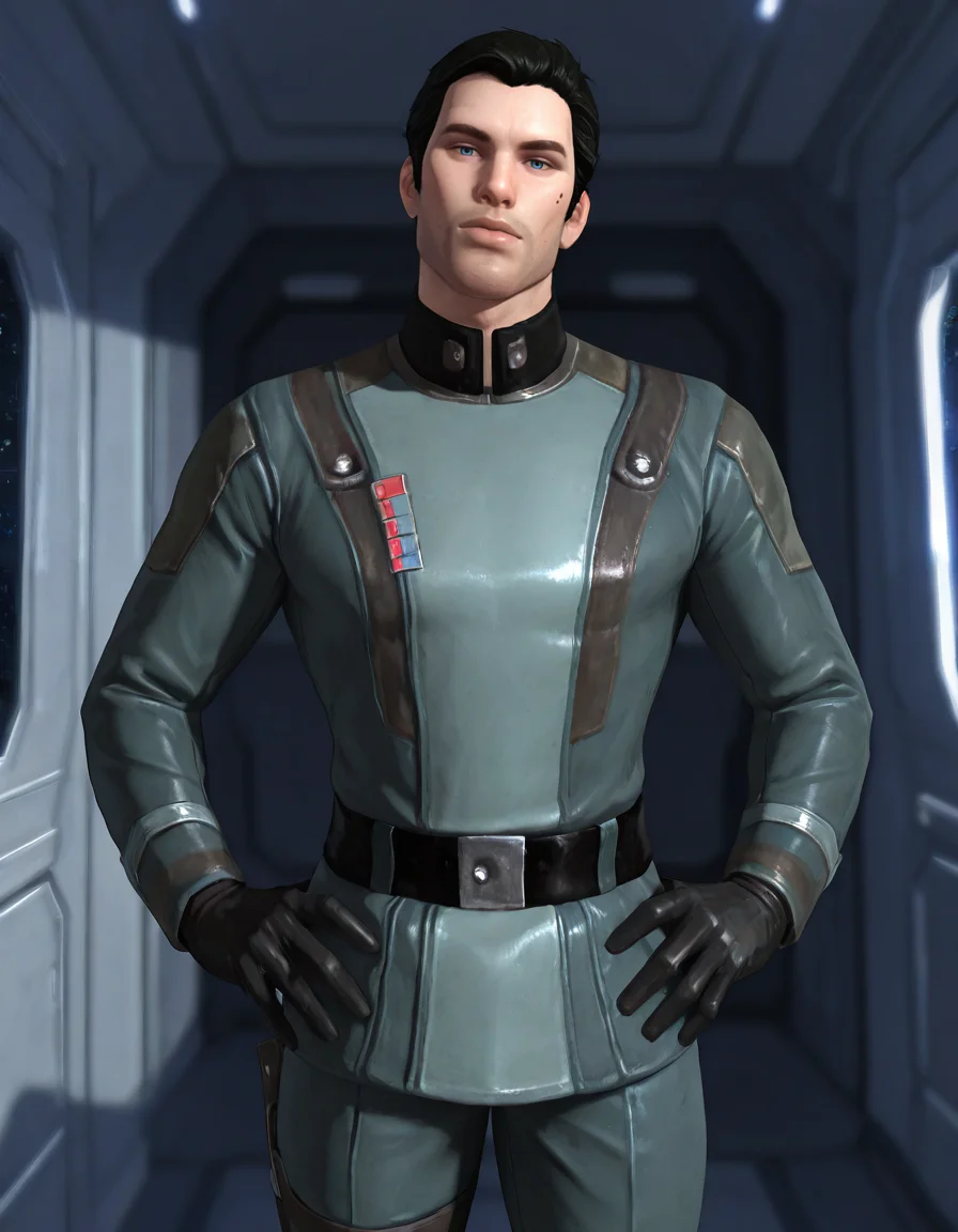 masterpiece, best quality, newest, perfect quality, best quality, detailed background, intricate details, male focus, realistic, <lora:SWTOR - Malavai Quinn - Illustrious-000010:0.8>, m_quinn, 1boy, mature male, black hair, blue eyes, military jacket, gloves, belt, pants, spacecraft interior, looking at viewer, head tilt, hands on hips, mole on cheek