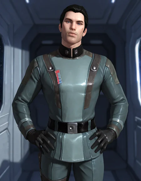masterpiece, best quality, newest, perfect quality, best quality, detailed background, intricate details, male focus, realistic, <lora:SWTOR - Malavai Quinn - Illustrious-000010:0.8>, m_quinn, 1boy, mature male, black hair, blue eyes, military jacket, gloves, belt, pants, spacecraft interior, looking at viewer, head tilt, hands on hips, mole on cheek