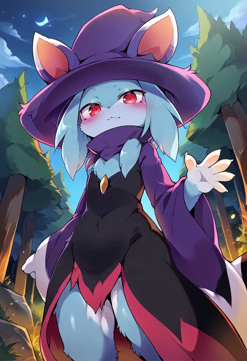 <lora:pony_good_hands:1>, <lora:Anime Style 2 SDXL_LoRA_Pony Diffusion V6 XL:0.2>, score_9, score_8_up, score_7_up, source_anime, good_hands,
<lora:Dagashi_Artist_Style_PonyXL:0.8>, outdoors, nature, night sky, tree, rock, from below,
BREAK
<lora:PalKat-000020:1>, 1girl, solo, PalKat, blue fur, cat girl, beautiful red eyes, wizard hat, black dress, cat ears, cat tail, body fur, wide long sleeves, furry, two-tone fur, ears through headwear,
looking at viewer, standing, waving,