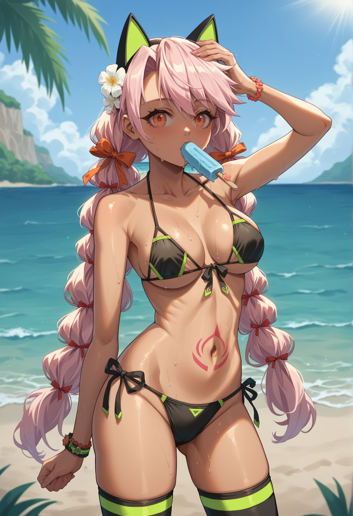 1girl, solo,  dark skin, pink hair, orange eyes, medium hair, braid, stomach tattoo, hair ornament, cat ears, jewelry, black bikini, bikini, Side-Tie Bikini Bottom, detached leggings, standing, sweat, outdoors, beach, popsicle, hand on head, sunlight, big breasts     <lora:Kuro_pony_v2:1>, score_9, score_8_up, score_7_up, score_6_up, score_5_up, score_4_up, BREAK source_anime, masterpiece