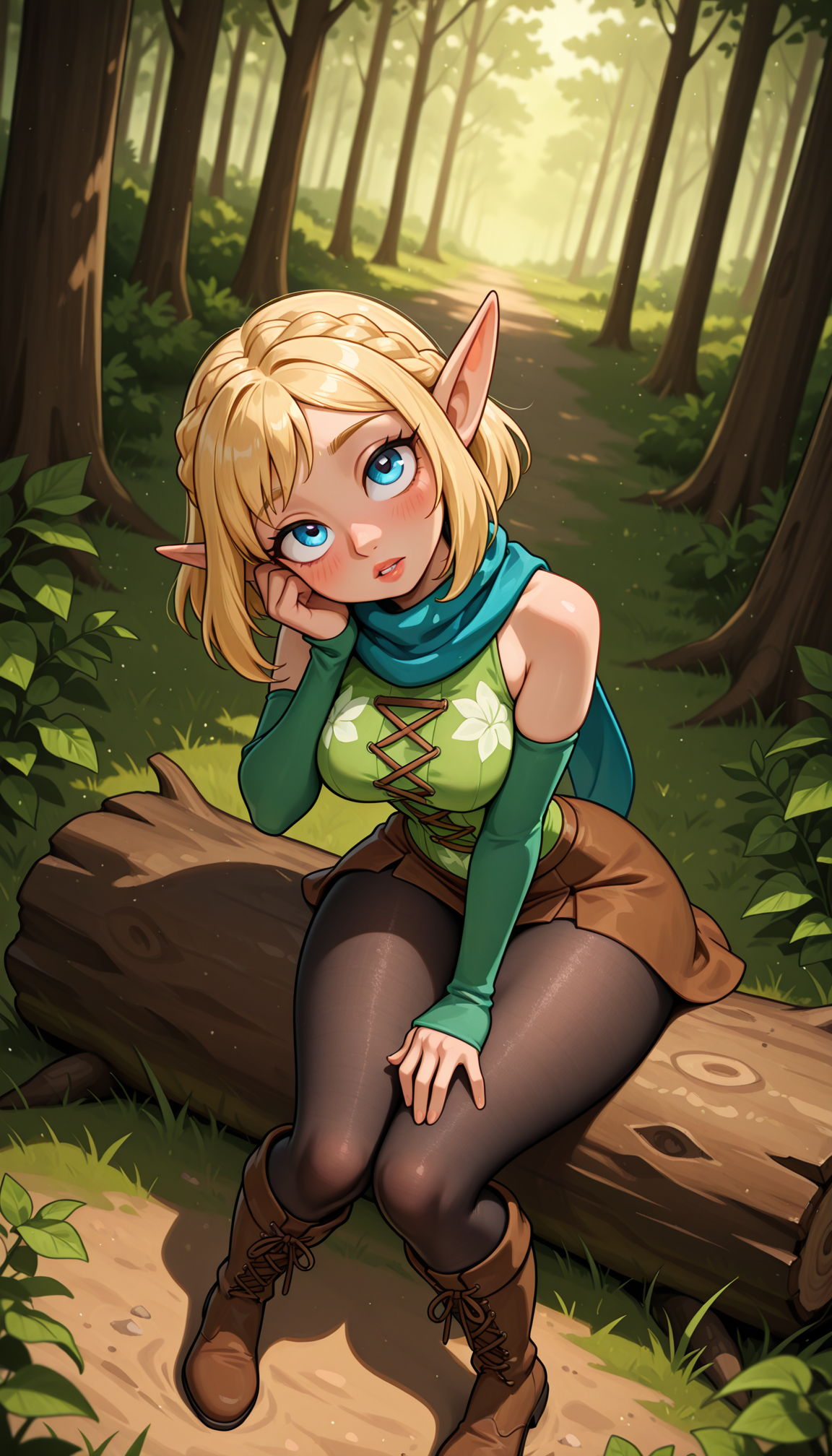 masterpiece, best quality, amazing quality, 4k, very aesthetic, high resolution, ultra-detailed, absurdres, newest, scenery, cartoon, toon, 1girl, solo, elf girl, long pointy elf ears, pixie, sitting on log, knees together feet apart, medium breasts, narrow waist, large ass, thick thighs, (cross-laced:1.2) pixie green frill lace leotard skirt, leaf print puffy wide detached green sleeves past wrists, shoulders, floral print blue scarf, skindentation see-through black pantyhose, brown lace-up knee boots, forest, blue eyes, from above, looking up, leaning forward, arched back, (head tilt:1.2), upturned eyes, parted lips, wondering, ground, blonde hair, blush, medium bob, long sidelocks, braid, (dappled sunlight:1.2), rim light, hand on own face, hand on own thigh, boots,leaf, dutch angle, portrait, face focus, head focus, close-up, fine fabric emphasis, BREAK, ears, lips, detailed eyes, depth of field, volumetric lighting