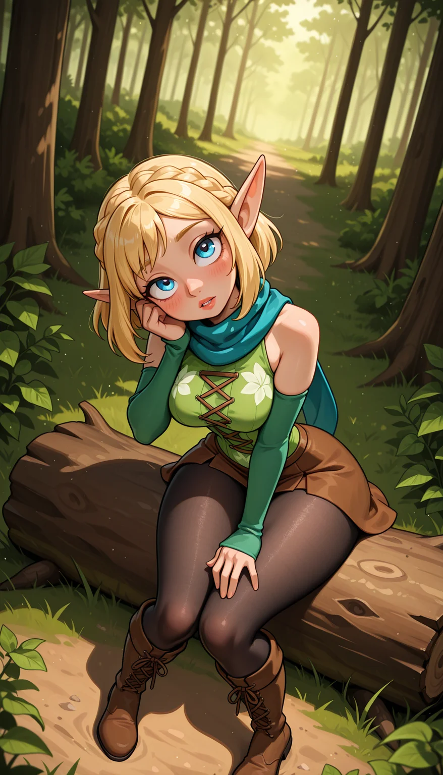 masterpiece, best quality, amazing quality, 4k, very aesthetic, high resolution, ultra-detailed, absurdres, newest, scenery, cartoon, toon, 1girl, solo, elf girl, long pointy elf ears, pixie, sitting on log, knees together feet apart, medium breasts, narrow waist, large ass, thick thighs, (cross-laced:1.2) pixie green frill lace leotard skirt, leaf print puffy wide detached green sleeves past wrists, shoulders, floral print blue scarf, skindentation see-through black pantyhose, brown lace-up knee boots, forest, blue eyes, from above, looking up, leaning forward, arched back, (head tilt:1.2), upturned eyes, parted lips, wondering, ground, blonde hair, blush, medium bob, long sidelocks, braid, (dappled sunlight:1.2), rim light, hand on own face, hand on own thigh, boots,leaf, dutch angle, portrait, face focus, head focus, close-up, fine fabric emphasis, BREAK, ears, lips, detailed eyes, depth of field, volumetric lighting