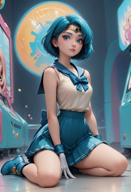 1girl, (solo), score_9, score_8_up, score_7_up, kneeling, (((pinup girl pose))), (((focus on face))),
20 year old woman, (((petite))), a sexy woman plays in an arcade, in a video arcade, playing game, wearing a cute outfit, sailor senshi uniform, ((pointy blue boots)), (dark blue sailor collar), (big blue bowtie), ((dark blue pleated skirt)),(sleeveless white shirt), (long white gloves), (gold circlet), video games in background, arcade background, ((aqua blue hair)), ((short bob hair)), (dark blue eyes)heavy eyeliner, creamy white skin, EGirlMakeup, neon colors, small breasts, perky nipples, perfect face, thin waist, bubble butt,
score_9,score_8_up,score_7_up,very aesthetic , rating_questionable, (masterpiece:1.4), (best quality), (colorful), (detailed) dramatic angle, unique perspective, unique angle, ((comic book angle and perspective)), ((wide shot))