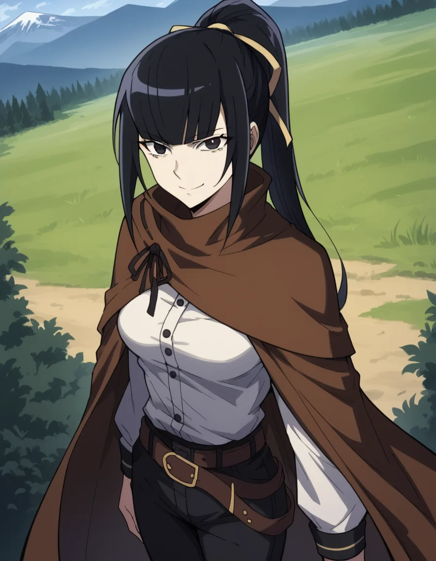 score_9, score_8_up, score_7_up, source_anime, <lora:narberal-gamma-s1s2-ponyxl-lora-nochekaiser:1>, narberal gamma, black hair, high ponytail, long hair, slanted eyes, narrow eyes, black eyes, medium breasts,, belt, belt buckle, black pants, black ribbon, brown cape, buckle, buttons, cape, pants, ribbon-trimmed cape, white shirt,, mountain trail, hiking, nature, backpack, adventure, fresh air, smile, looking at viewer, smile, from above,, solo,, cowboy shot, dutch angle