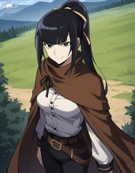 score_9, score_8_up, score_7_up, source_anime, <lora:narberal-gamma-s1s2-ponyxl-lora-nochekaiser:1>, narberal gamma, black hair, high ponytail, long hair, slanted eyes, narrow eyes, black eyes, medium breasts,, belt, belt buckle, black pants, black ribbon, brown cape, buckle, buttons, cape, pants, ribbon-trimmed cape, white shirt,, mountain trail, hiking, nature, backpack, adventure, fresh air, smile, looking at viewer, smile, from above,, solo,, cowboy shot, dutch angle