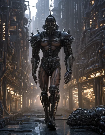 biomechanical cyberpunk he gladiator at a cyberpunk city, neon lights, skyline,gladiator_style,exterm detailed, detailed background, by h.r. giger, . cybernetics, human-machine fusion, dystopian, organic meets artificial, dark, intricate, highly detailed