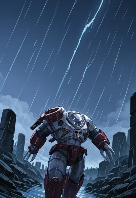 score_9, score_8_up, score_7_up, source_anime, cowboy shot, side view, BREAK, (looking up, running, msv_zgok_armor) 1mech, mech focus, solo, BREAK, white to grey background, cold lighting, score_9, score_8_up, score_7_up, source_anime, cowboy shot, side view, dutch angle from below, BREAK, ( ) 1mech, mech focus, solo, BREAK, water, ruins, overcast, cloudy sky, rain clouds, broken concrete, dirty, (score_9, score_8_up), score_7_up, <lora:PonyImperialF40k:0.8> ImperialF40k, power armor, GreyK40k, gold trim, skull decorations, gold edges,