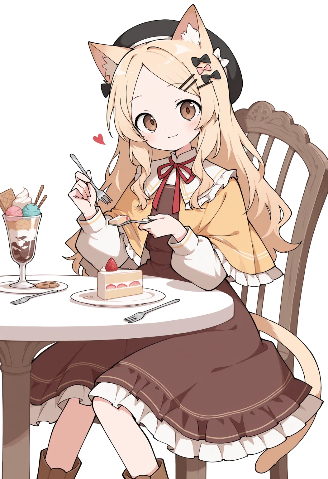 (masterpiece), (best quality), (ultra-detailed), amazing quality, very aesthetic, illustration, newest, colorful, <lora:odayaka_style:1>, odayaka-ill,
1girl, animal ears, black bow, black hat, blonde hair, blush, boots, bow, brown boots, brown dress, brown eyes, cake, cake slice, capelet, cat ears, cat girl, cat tail, closed mouth, cookie, cup, dress, feet out of frame, food, fork, frilled capelet, frilled dress, frills, hair bow, hair ornament, hairclip, hands up, hat, heart, heart hair ornament, holding fork, ice cream, long hair, long sleeves, looking at viewer, neck ribbon, on chair, parted bangs, puffy long sleeves, puffy sleeves, red ribbon, ribbon, sitting, smile, solo, table, tail, yellow capelet