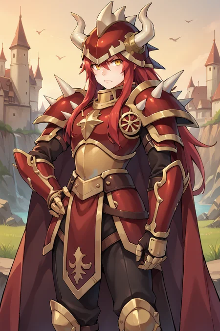 score_9, score_8_up, score_7_up, score_6_up, source_anime, BREAK, <lora:GulcasaPonyXL:0.7> , guldef, 1boy, red hair, long hair, yellow eyes, armor, full armor, spikes, shoulder armor, horned helmet, spiked helmet, horned headwear, shoulder spikes, cape, red cape, pauldrons, gauntlets, greaves, cowboy shot, hand on hip, looking at viewer, closed mouth, serious expression, ((from side)), <lora:zy_Detailed_Backgrounds_v1:0.3> , detailed background, highly detailed, exterior, castle, fortress, day, <lora:CatalystStylePDXL:0.4> , zzCitronCAT,