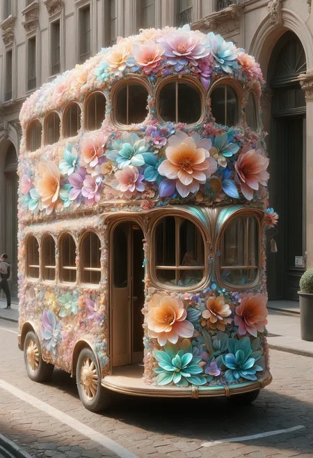 catalog shot of Decorated Trolley, 70mm lens, f/5,6, neutral background, clear focus on attire, made out of iridescent flower petals, <lora:PinkieIriFlwrsSDXL-000004:1>, p1nk1r1fl0wers, contemporary fine detail, lush, positive emotional, warm light, epic atmosphere, deep rich colors, beautiful detailed supreme quality color intricate, creative