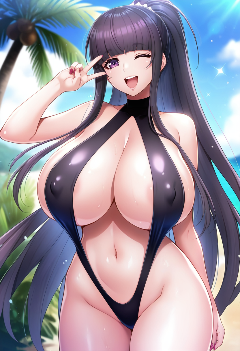 masterpiece, best quality, amazing quality,tomoe tajika, purple eyes, black hair, mature female, long hair, blunt bangs, ponytail, 1girl, breasts, solo,navel,huge breasts, covered nipples, black slingshot swimsuit,cleavage,highleg,open mouth, smile, upper teeth only, one eye closed,hand v, standing, looking at viewer, cowboy shot, beach, blurry background, day, palm tree, shell, wate <lora:tomoe tajikaV1:0.9>