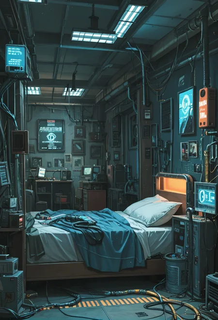 ,ruanyi0779,science fiction,neon lights,cable,industrial pipe,
indoors,bedroom,bed,<lora:0779 science fiction world_v1_pony:1>, score_9,score_8_up,score_7_up,,8k,1girl,solo,