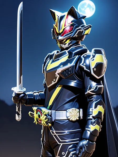 masterpiece, best quality, amazing quality, very aesthetic, absurdres, newest,, <lora:BujinTycoon:1>bujintycoon, male focus, solo, armor, weapon, sword, holding, belt, cape, holding weapon, tokusatsu, helmet, rider belt, red eyes, holding sword night full moon, from side, looking at viewer,