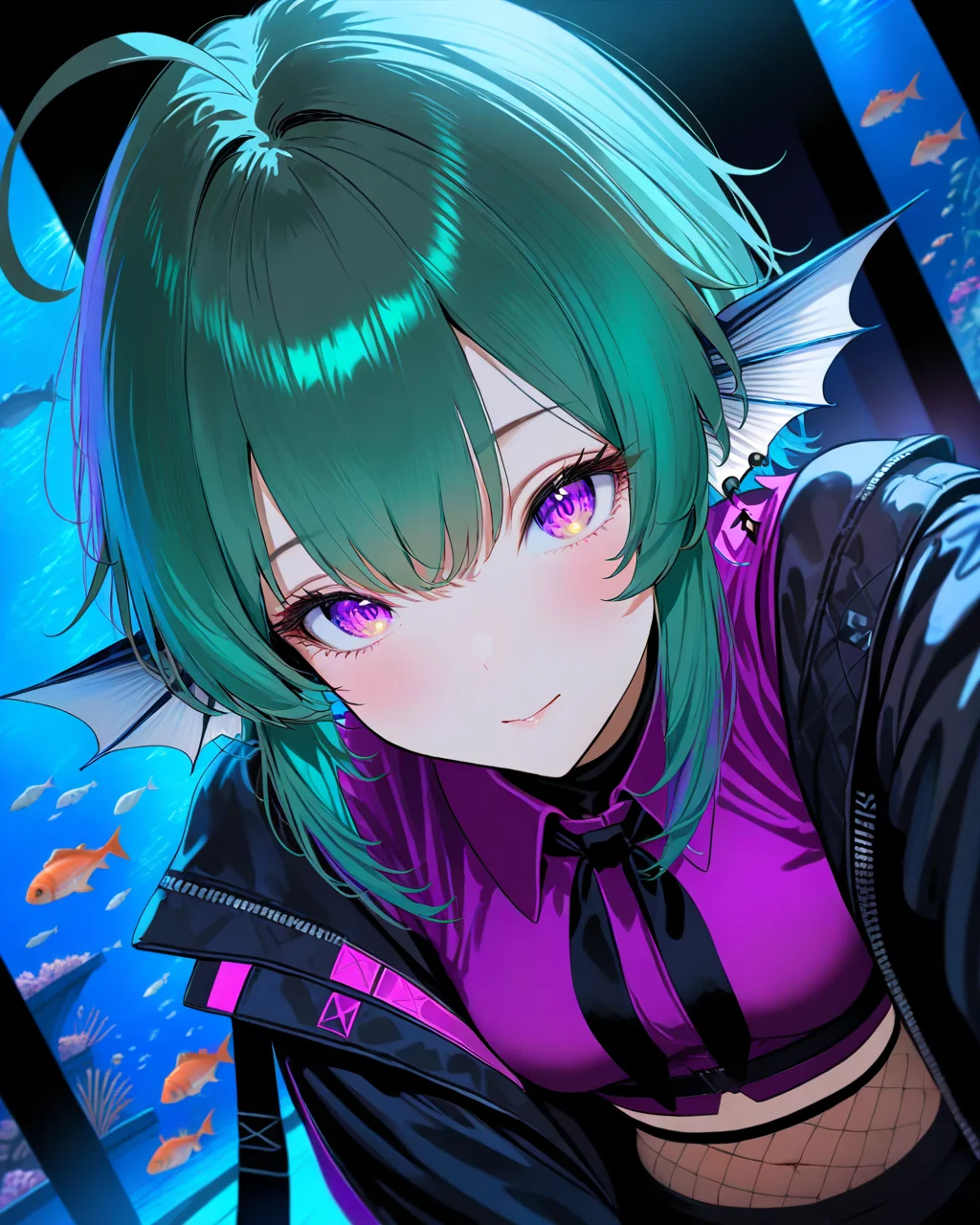 FinanaRyugu,
1girl, solo, dutch angle, close-up,
short hair,
green hair,
purple eyes, multicolored eyes,
head fins,
earrings,
multicolored hair, purple hair,
ahoge,
cute, dating,
black jacket,
purple shirt, long sleeves,
black undershirt, black neckerchief, croptop,
fishnets,
night, aquarium,
<lora:kp_FinanaRyuguAnimagineXL_v1_0_c:1.0>,
masterpiece, high score, great score, absurdres,
ultra-detailed, realistic, moody lighting, detailed eyes, depth of field, high contrast,