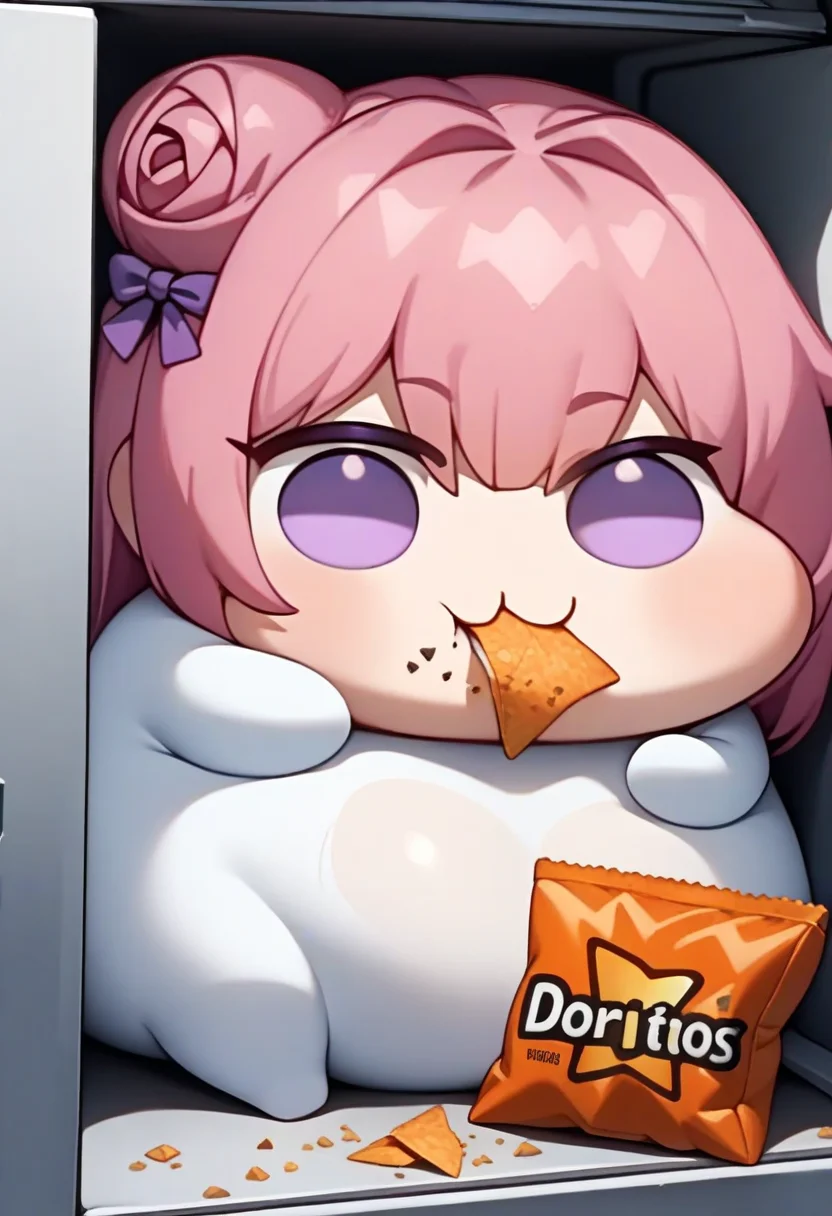 <lora:doro_xypher_amxl_v1:1> solo, doro \:3, chibi, solid circle eyes, no pupils, no humans, white skin
, pink hair, purple eyes, single side bun, hair bow
, masterpiece, best quality, very aesthetic, absurdres
, fat, obese, sitting, food crumbs, eating doritos, refrigerator interior, food, tiny creature, indoors