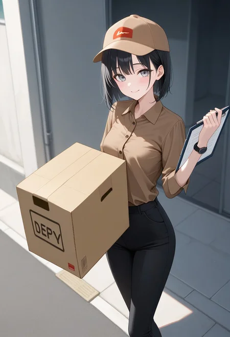 lazypos, outside cement porch, parking lot behind, BREAK, woman, adult, very skinny, tiny breasts, ((((short straight black hair)))), grey eyes, ((((((brown button up shirt, black pants)))))), brown cap, black wristwatch, BREAK, smile, embarrassed, looking up at viewer, (((((((((holding cardboard delivery box with 1clipboard on top)))))))))