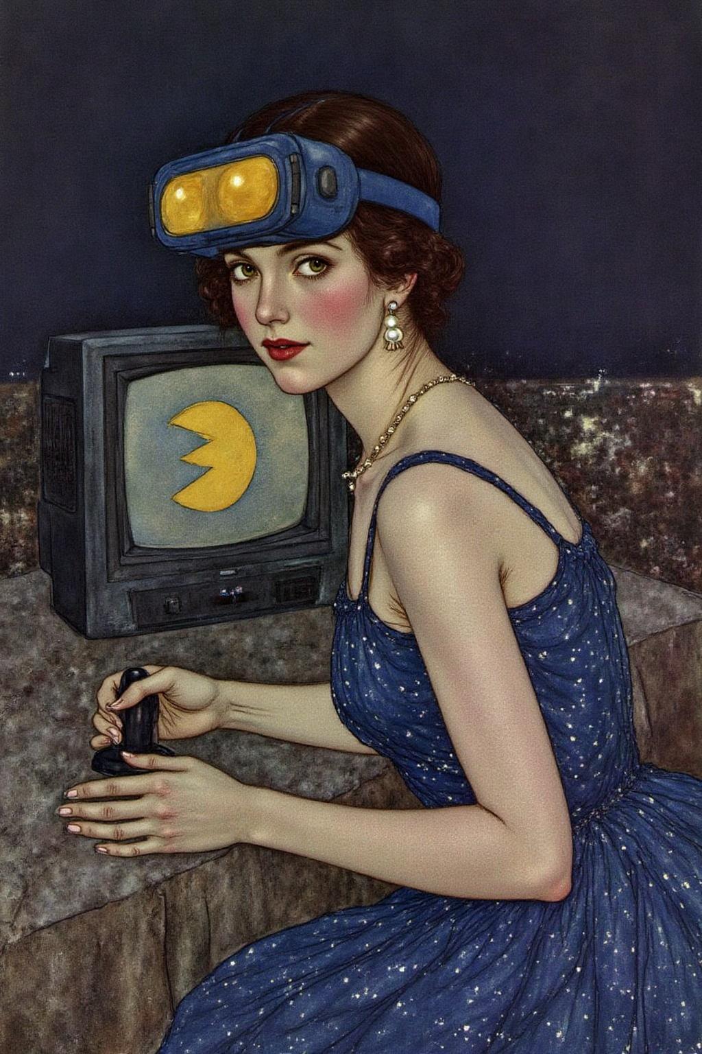 dulac1 illustration of a young woman turned slightly toward the viewer, She wears a deep blue VR Headset with golden yellow lenses draped elegantly over her head, complementing her smooth, glowing complexion. Her gaze is soft yet piercing, and her slightly parted lips add an air of mystery. She is wearing a VR Headset over head. She also hold a joystick in her hand. There is a TV monitor behind her displaying Pacman. A single, luminous pearl earring hangs from her ear, catching the light and drawing attention to her delicate features. The background is dark and muted, creating a dramatic contrast that emphasizes her presence and the subtle interplay of light and shadow on her face and attire. The overall atmosphere is intimate and serene, with a masterful balance of detail and simplicity   <lora:dulac2_cap_d6a3e15:1.0><lora:816562841910963020:0>