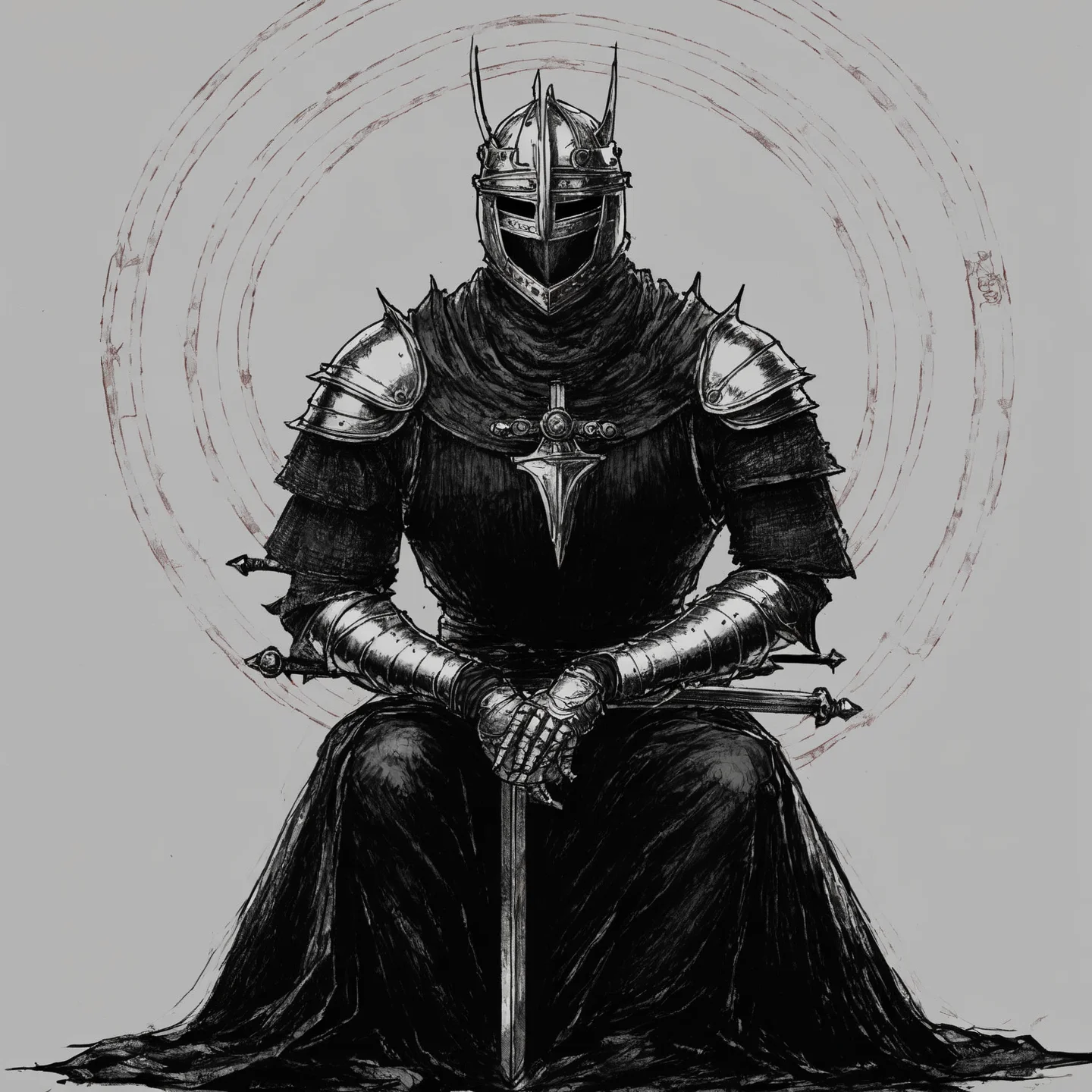 <lora:DarkInkAI:1> DarkInkAI, kneeling knight, circle of power around him, inksketch