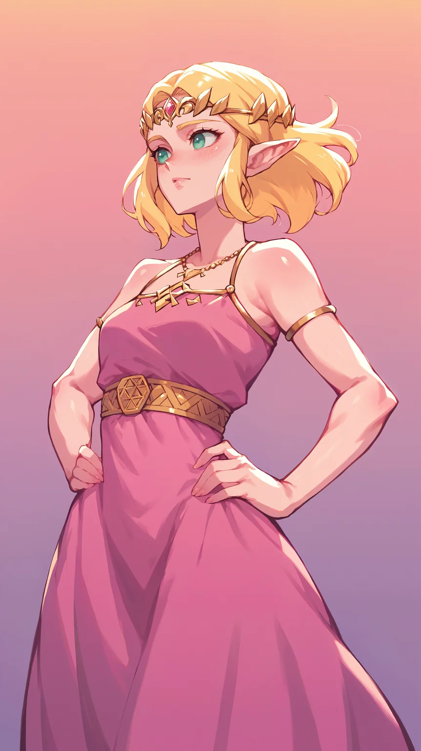 score_9,score_8_up,score_7_up,score_6_up, source_anime, girl, <lora:aRoodNoodle_epoch_14:0.8>, aRoodNoodle, artstyle, soft colors, pastel colors, desaturated, princess zelda, pink dress, pointy ears, blonde hair, gradient background, circlet, hands-on-hips, dynamic pose,