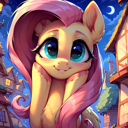 masterpiece, score_9, score_8_up, score_7_up, (best quality:1.1), ultra-detailed, high resolution, 1girl, pony, highly detailed macro illustration, Fluttershy smiling, blushing, hands on face, Fluttershy, feral, female, mare, cute, night, long eyelashes, outside, (((beautiful detailed eyes))), Long eyelashes, fluffy, ear fluff, long eyelashes, Highly Visible, (((8k))), sharp focus, perfect lighting, anatomically correct, extremely detailed, shine on body, (in the mlp town), high detail, cute face, suspicious facial expression, Expressiveh, detailed background, OverallDetail, zPDXL2