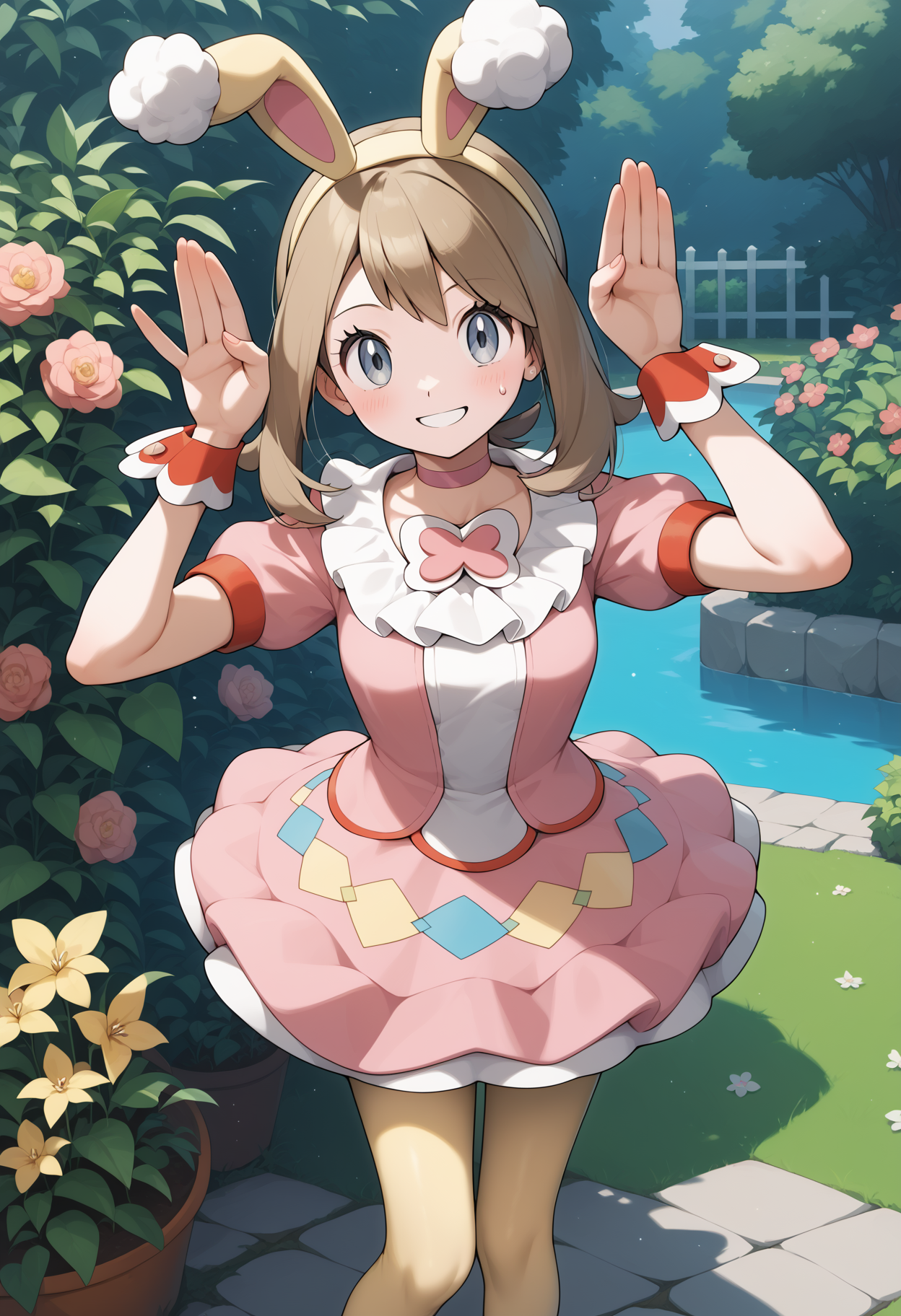 score_9, score_8_up, score_7_up, score_6_up, score_5_up, score_4_up, source_anime, aamay, brown hair, yellow hairband, fake animal ears, grey eyes, blue eyes, breasts, pink choker, frilled collar, pink dress, short sleeves, wrist cuffs, yellow pantyhose, <lora:may_(pokemon)_ponyxl_v1:0.9>, outdoors, garden, bunny pose, smile, sweatdrop,