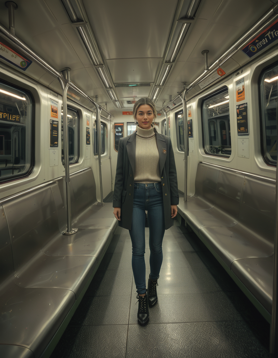 A modern subway train,Subw4y tr41n, in motion, with a single woman standing near the center of the train car, holding onto a shiny metal pole for balance as the train glides along the tracks. The woman is dressed casually yet stylishly, wearing a long black coat over a beige turtleneck sweater, paired with slim-fit jeans and ankle boots. Her hair is neatly tied back into a low bun, with a few loose strands framing her face. She has a thoughtful, calm expression, her gaze directed slightly downward as if lost in her own world. In her other hand, she holds a small tote bag, its strap looped over her wrist, with a paperback book peeking out from the top.
The subway car is clean but shows subtle signs of daily use. The walls are lined with muted gray panels, and the seats along the edges of the car are upholstered in a dark blue fabric, slightly faded from wear. Overhead, fluorescent lighting casts a bright, even glow across the interior, causing faint reflections on the polished floor, which is marked with the occasional scuff from commuters' shoes. Metal grab handles hang from above, gently swaying with the trainâs movement, and shiny steel poles are strategically placed throughout the car.
The windows on both sides reveal a blurry, motion-filled view of the dark subway tunnel, interspersed with flashes of graffiti-covered walls and dim utility lights. Above the windows, digital displays show the next stop in bright LED text, along with a route map that runs the length of the car. Small advertisements are mounted on the walls, showcasing everything from city events to product promotions, some with vibrant colors that add subtle contrast to the neutral tones of the train.
The atmosphere feels still and introspective, with the soft hum of the train and the occasional squeal of the wheels on the track. The train is sparsely occupied, with a few empty seats and subtle details like a forgotten coffee cup on one bench and a folded newspaper lying on the floor. The overall mood is quiet and reflective, capturing a moment of solitude and thoughtfulness during an ordinary subway ride.<lora:SDXLFaeTastic2400:0.4> <lora:extremely_detailed:0.4> extremely detailed, <lora:Subw4y_tr41n:1>, Masterpiece,best quality,hi res,8k,hi res,8k,award winning,(sharp focus, intricate, highly detailed),