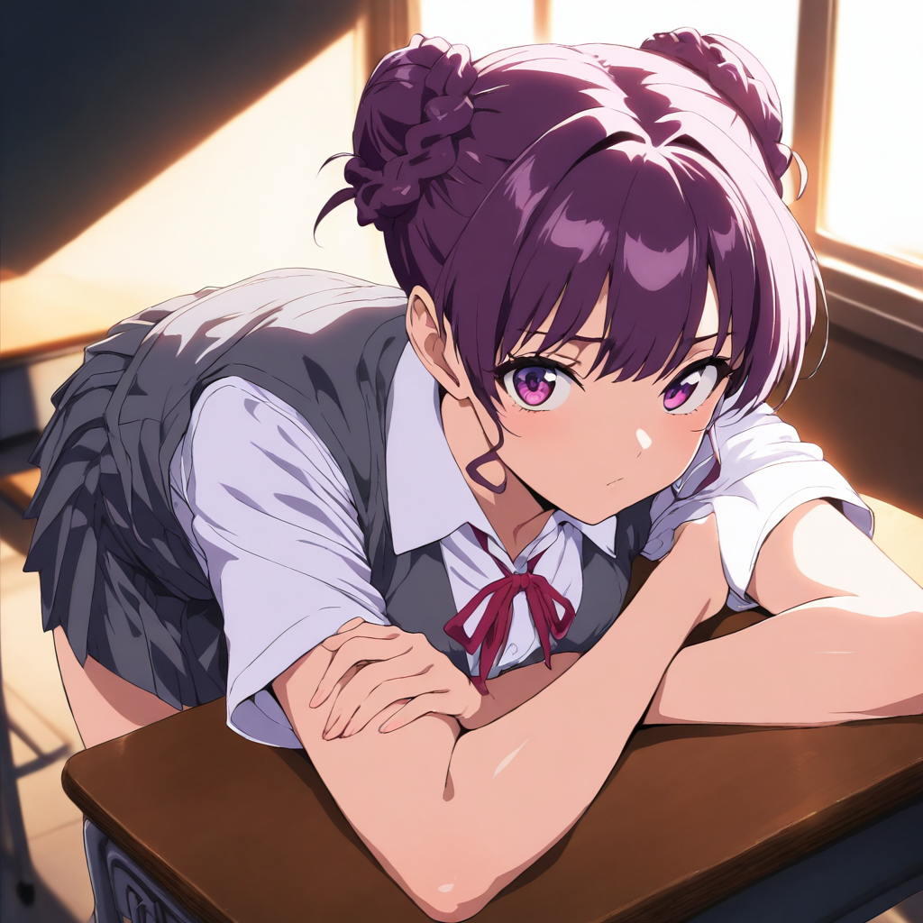 solo,looking at viewer,masterpiece,high score,great score,absurdres,<lora:Seito1_kisaku ag4o v1:1> seito1, purple hair, hair bun, purple eyes,school uniform,skirt,
