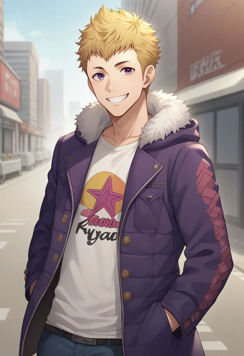 score_9, score_8_up, source_anime, highly detailed, 1boy, solo, male_focus
ryuji, 1boy, male focus, solo, blonde hair, hands in pockets, smile,
jacket, violet jacket, pants, hood, fur trim, upper body, smile,
outdoor, street, city, japan,