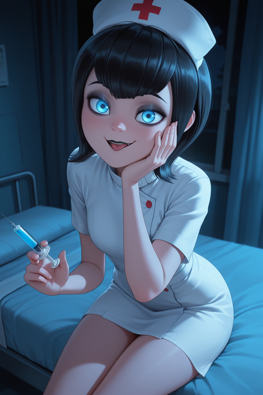 masterpiece, best quality, amazing quality, 1girl, m4v15dr4cul4, black hair, short hair, blue eyes, makeup, black lips, nurse, nurse costume, hospital bed, sitting, naughty_face, looking_at_viewer, aesthetic, holding syringe, hand on own cheek, night, dark room, glowing eyes, tongue